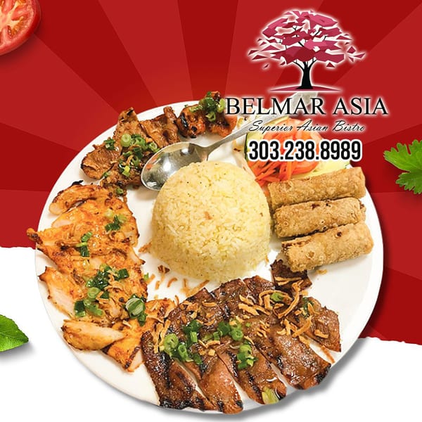 Belmarasia's Asian-fusion platter with grilled chicken, pork, rice, and spring rolls on a red background.
