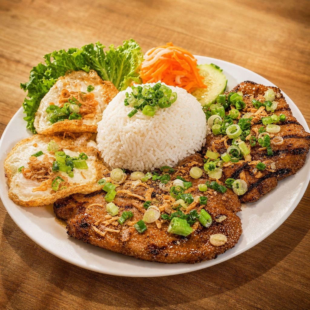 Rice Plate with Pork Chops & Eggs.