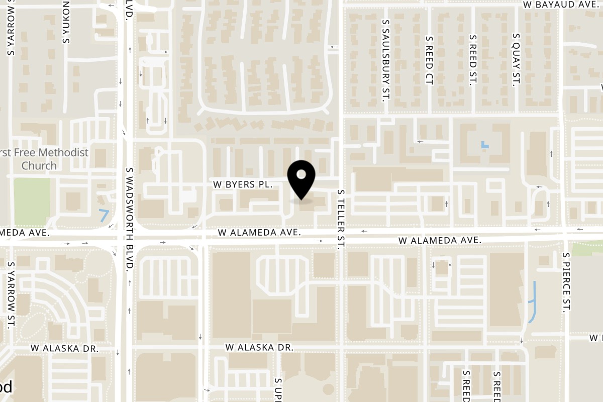 Map showing the location of Belmarasia on 7215 W Alameda Ave in Lakewood